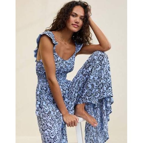 aerie Pants - Aerie Party Jumpsuit Small Blue Floral Wide Leg Flowy Boho Ruffle Ocean Sky